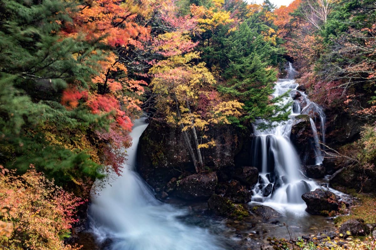 Cascading waterfall surrounded by vibrant red, orange, and green autumn foliage