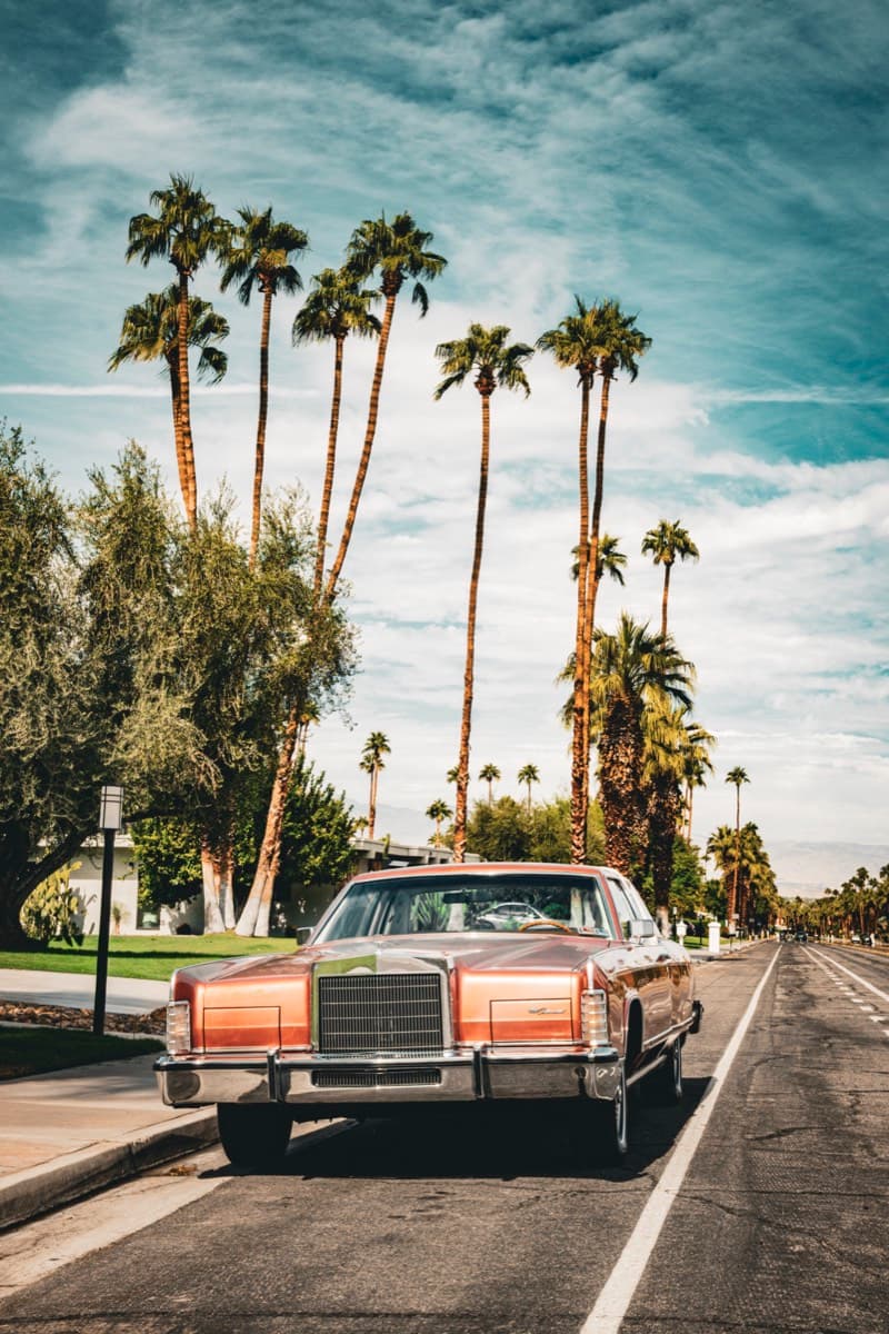Vintage 1970s Lincoln Continental on a palm tree-lined street in Palm Springs